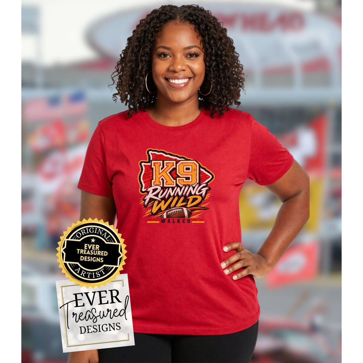 Red t-shirt with K9 Running Wild graphic and a football.