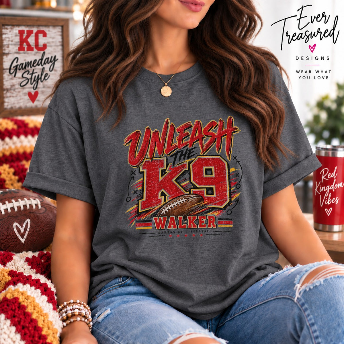 Gray t-shirt with "Unleash the K9 Walker Kansas City Football" graphic.