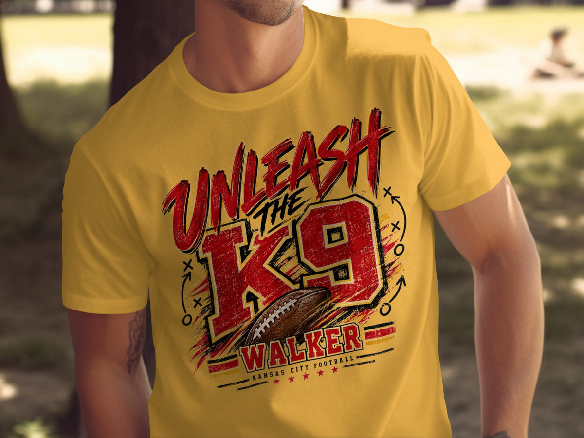 Yellow t-shirt with "Unleash the K9 Walker Kansas City Football" text and football graphic.