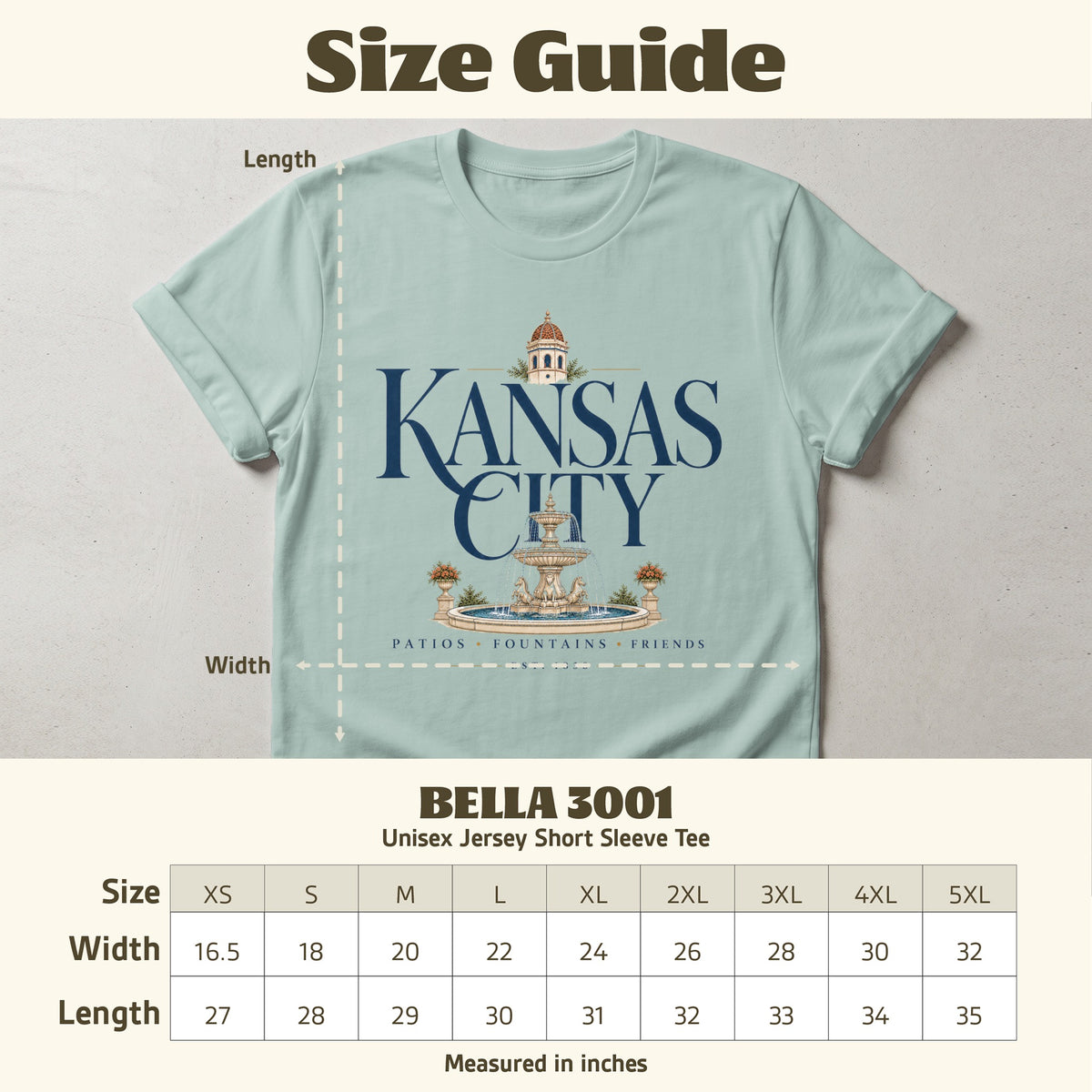 BELLA 3001 unisex tee size guide with Kansas City fountain graphic.