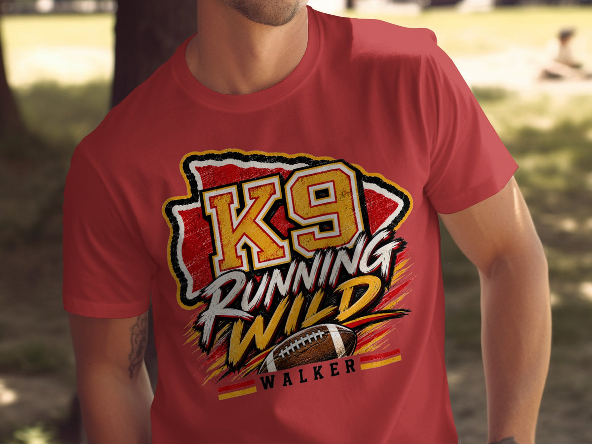 Red t-shirt with "K9 RUNNING WILD WALKER" text and a football graphic.