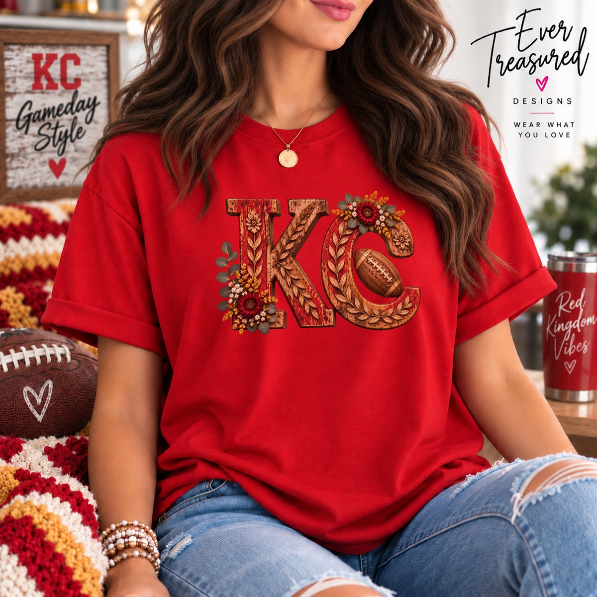 Red t-shirt with floral KC logo featuring a football.