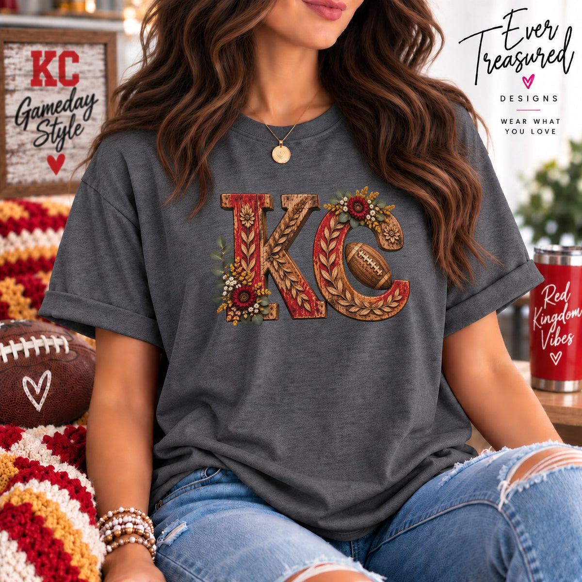 Dark gray t-shirt with floral KC logo and football graphic.