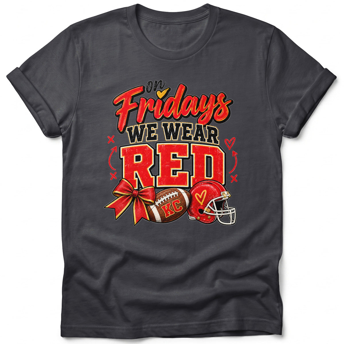 T-shirt graphic: "On Fridays We Wear Red" with football, helmet, and bow.