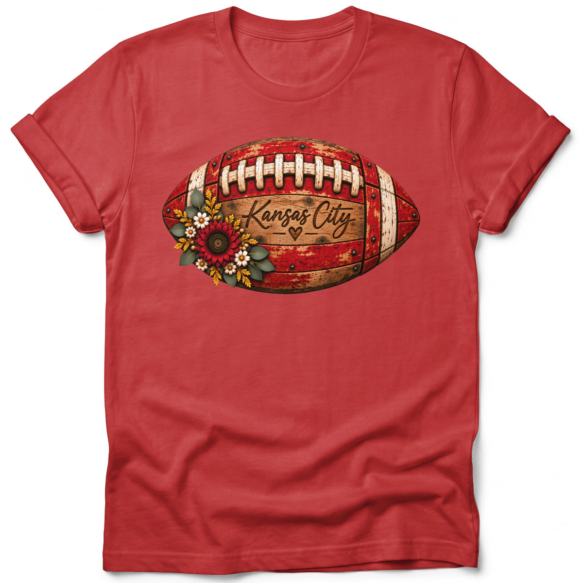 Red t-shirt with a distressed football graphic featuring "Kansas City" text and floral accents.