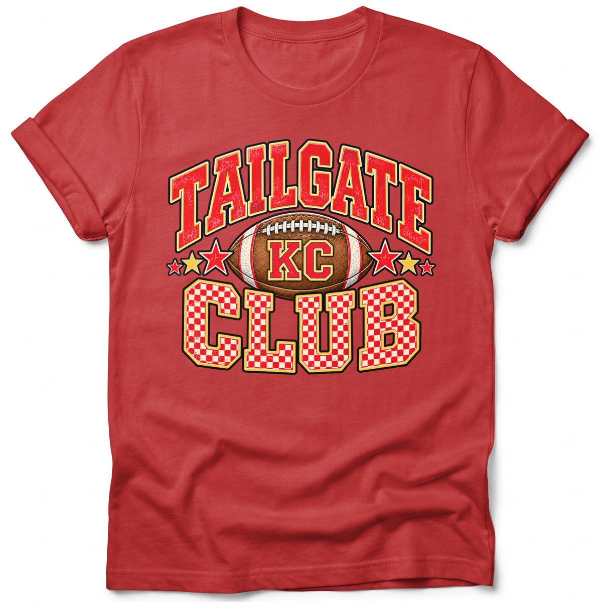 Red t-shirt with "Tailgate Club" text, football, and checkered "KC" and "CLUB".