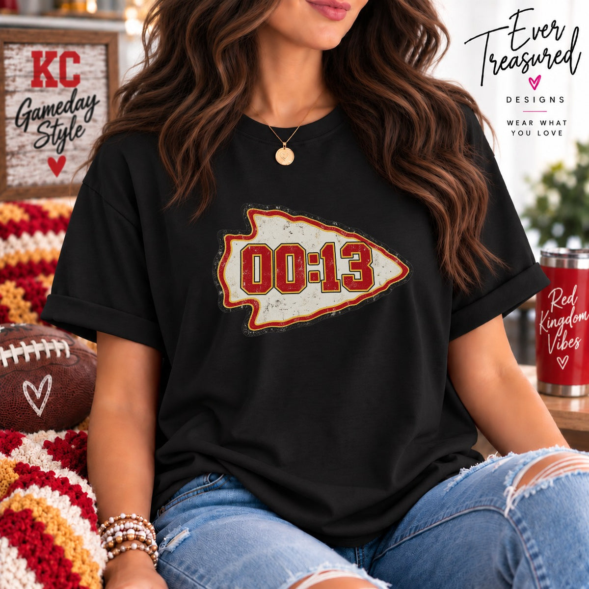 Black t-shirt with arrowhead graphic featuring "00:13".