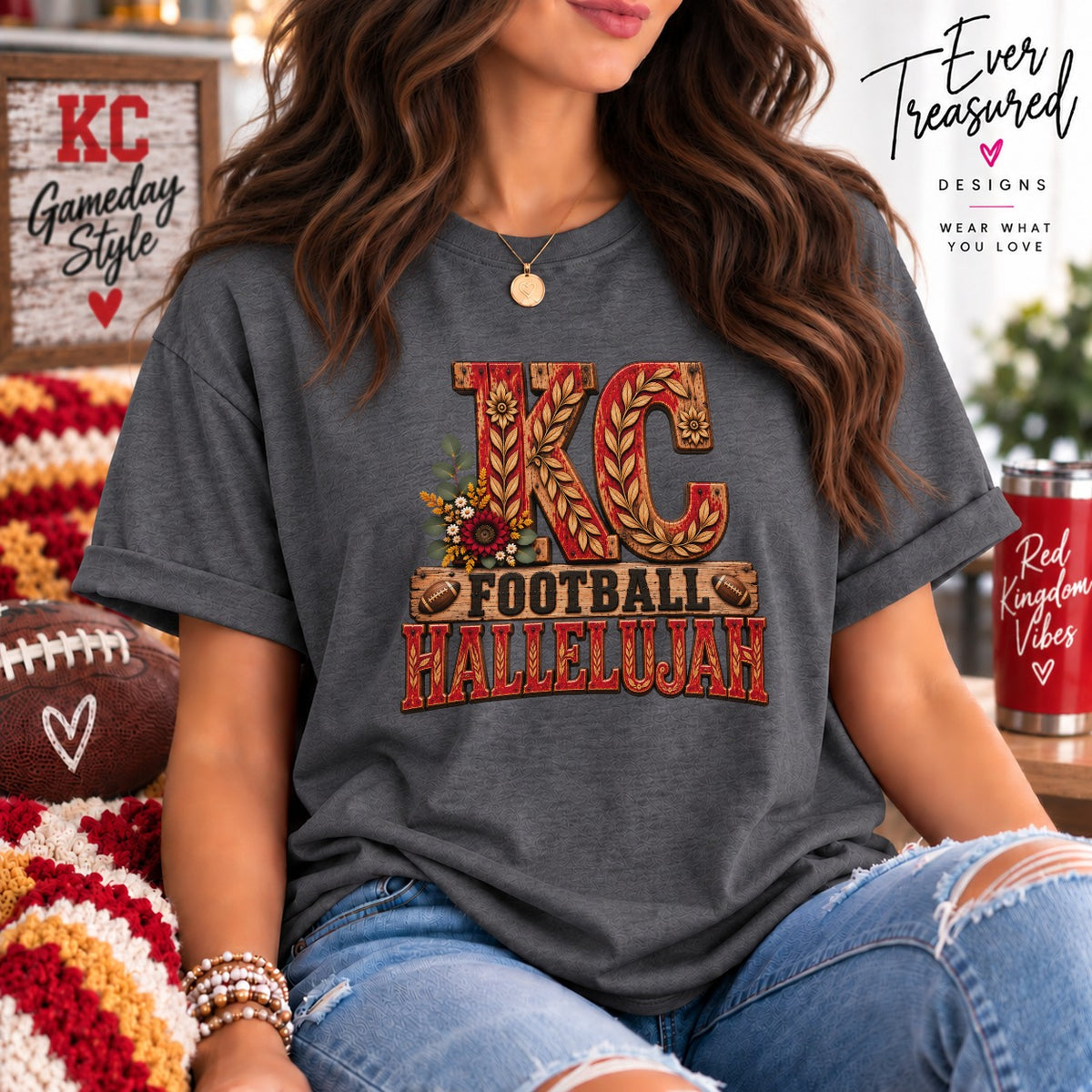 Dark gray t-shirt with "KC FOOTBALL HALLELUJAH" graphic and floral accents.