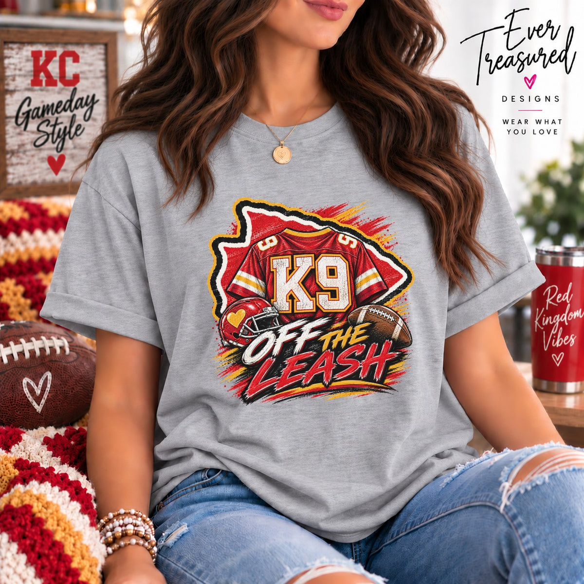 Gray t-shirt with "K9 Off the Leash" graphic featuring jersey, helmet, and football.