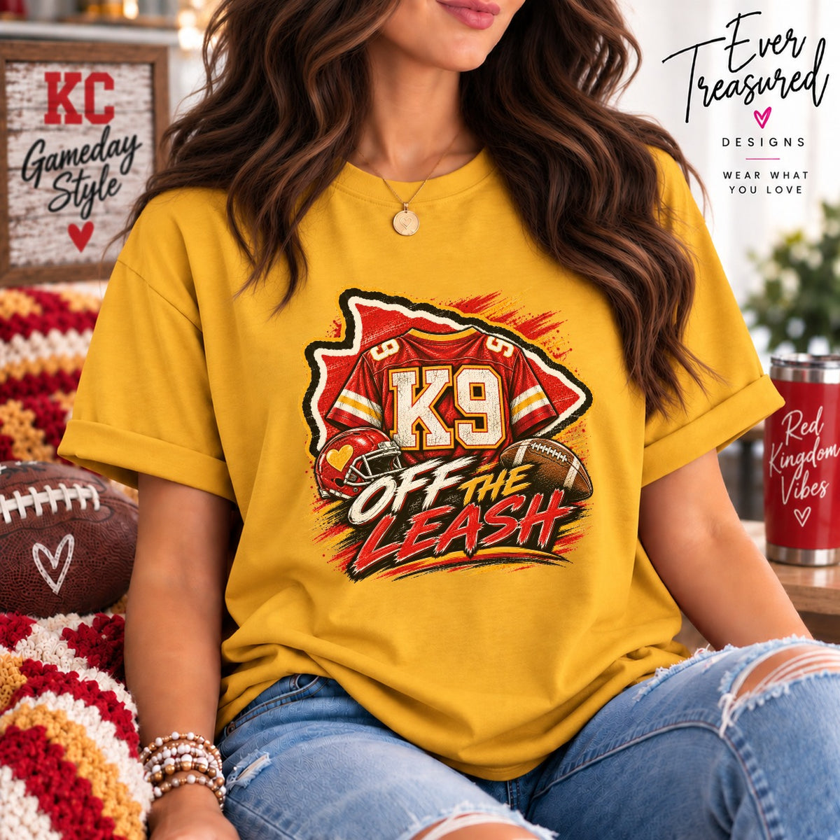 Yellow t-shirt with K9 Off The Leash graphic, football helmet, and football.