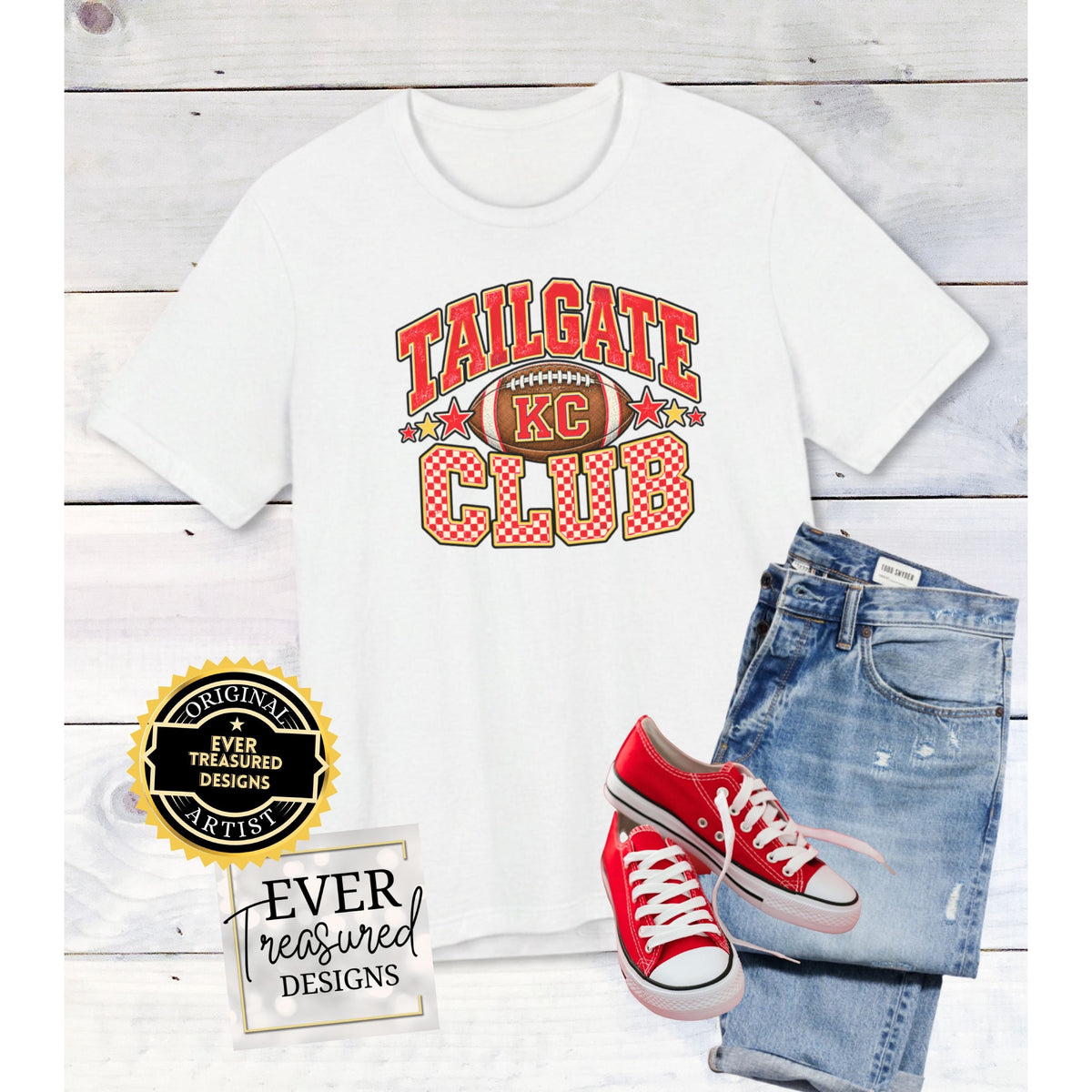 White t-shirt with "TAILGATE CLUB" and KC football graphic.