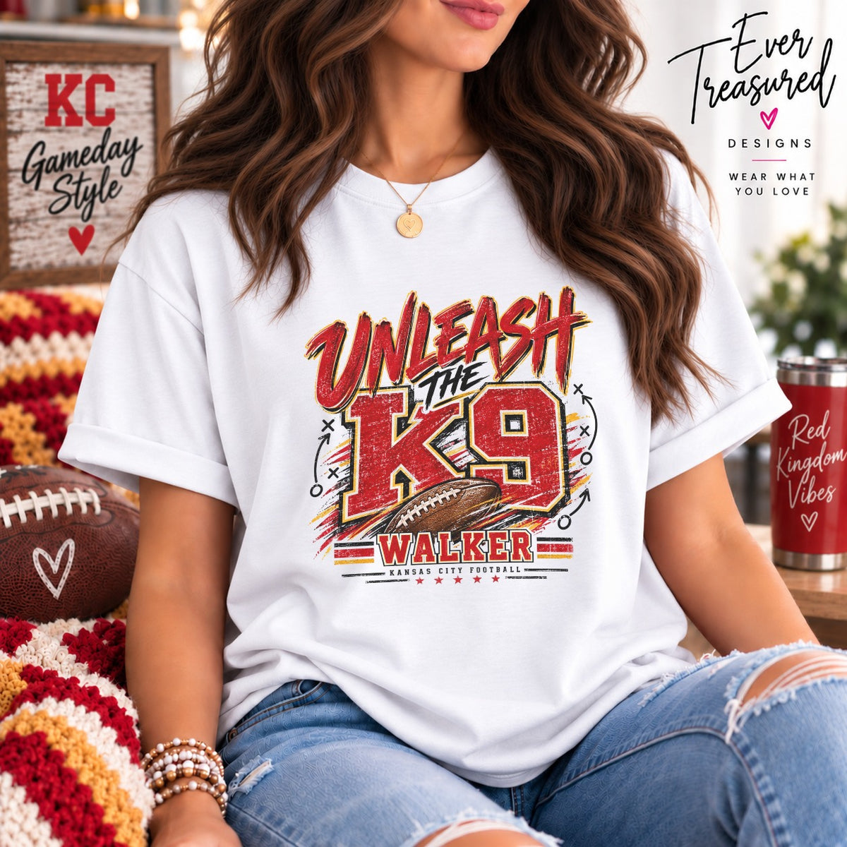 White t-shirt with "Unleash the K9 Walker Kansas City Football" graphic.