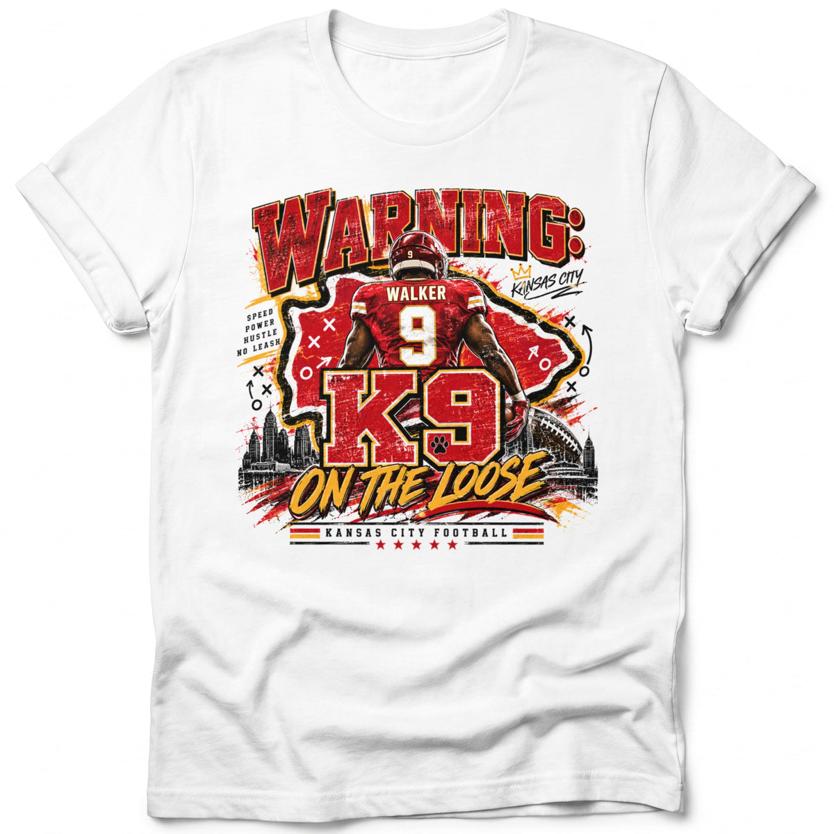Kansas City football shirt with graphic featuring player Walker #9 and "K9 On The Loose."