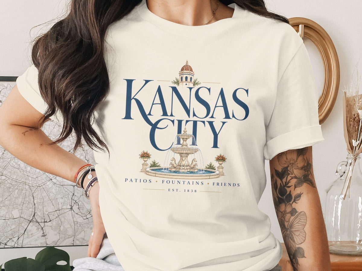Kansas City t-shirt with fountain graphic, text reads "PATIOS FOUNTAINS FRIENDS EST. 1838".