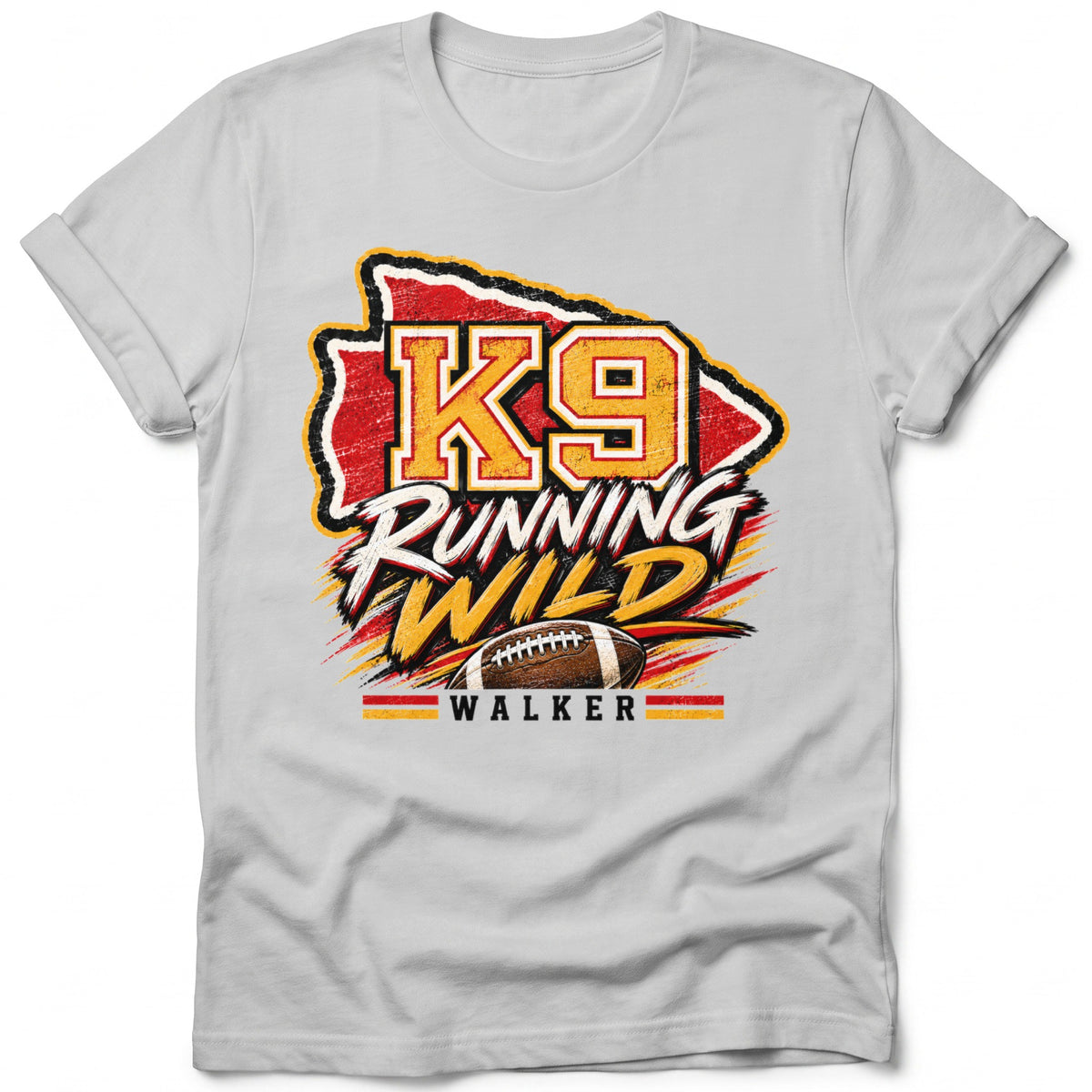 Light grey t-shirt with K9 Running Wild and Walker text, and a football.