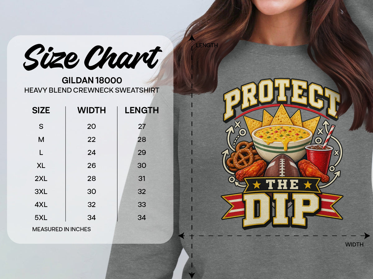 Size chart for Gildan 18000 sweatshirt with "Protect The Dip" graphic.