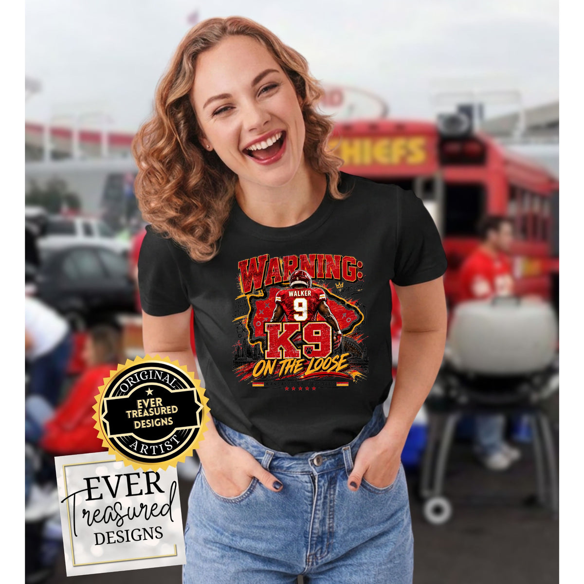 Black t-shirt with "Walker 9 K9 On The Loose" graphic and Kansas City Chiefs football theme.