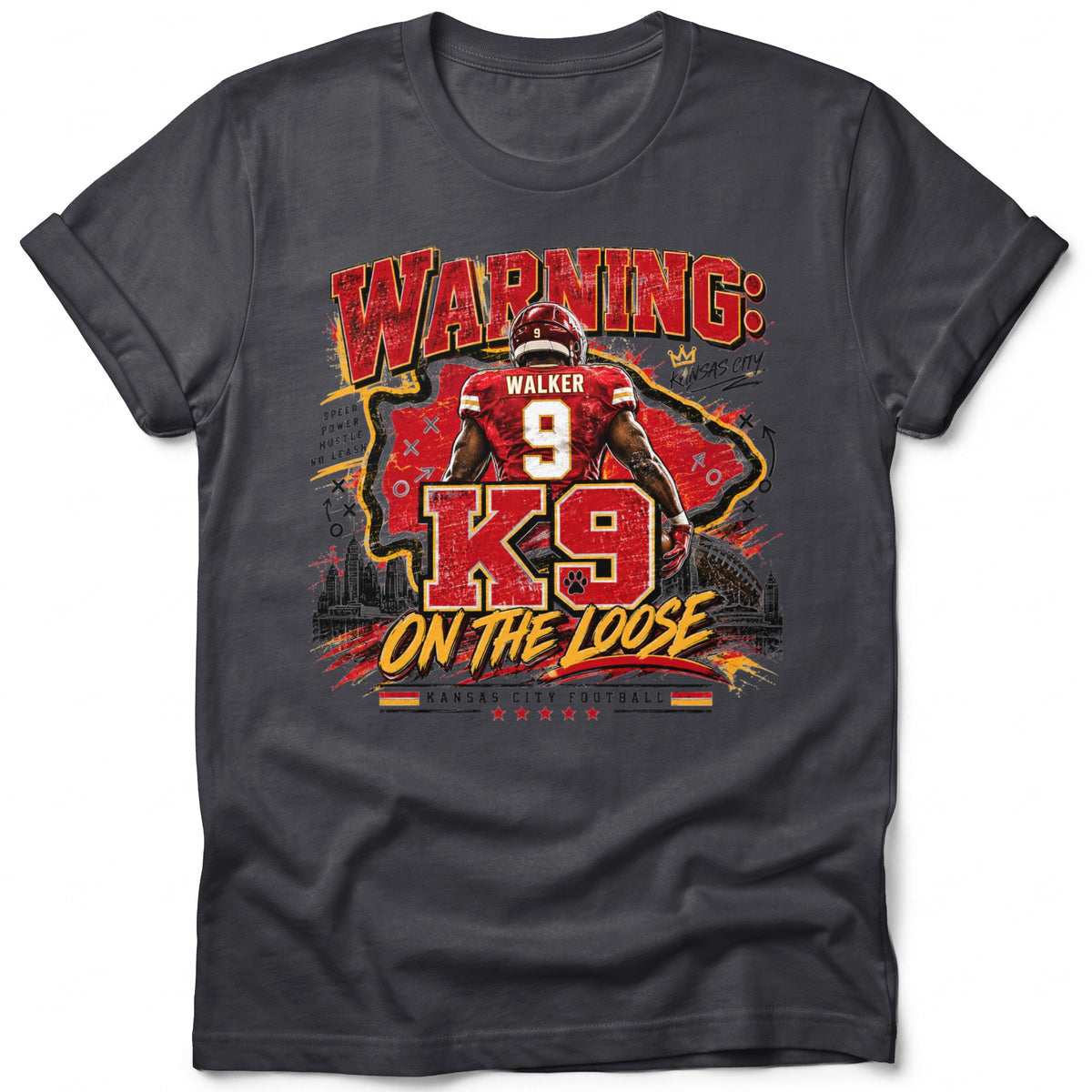 Kansas City Chiefs player Walker #9 in "K9 On The Loose" graphic on gray t-shirt.