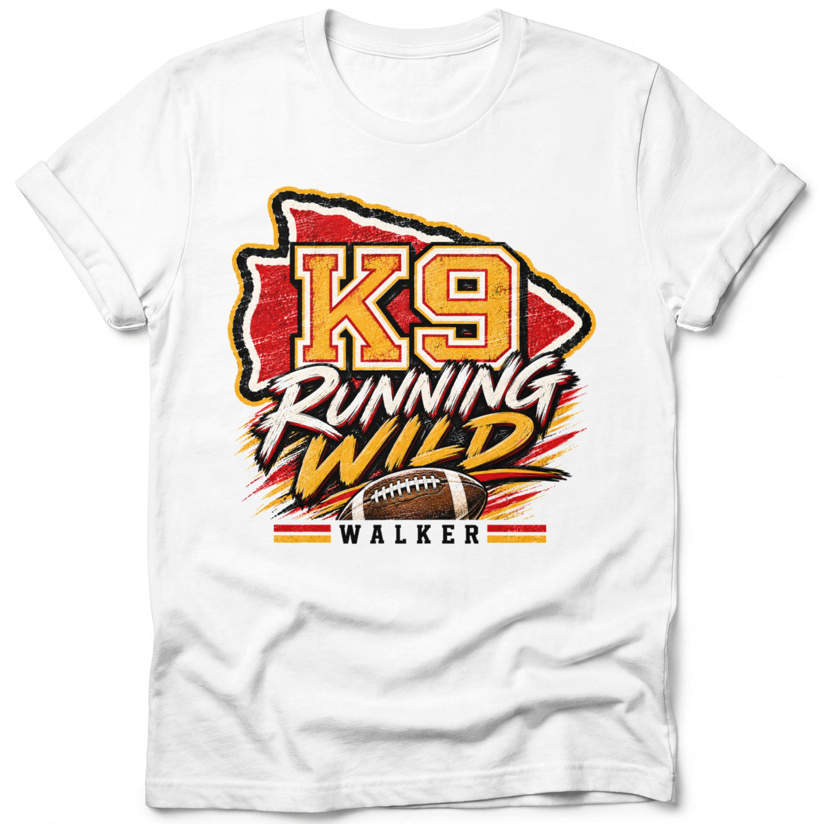 White t-shirt with K9 Running Wild graphic and football.