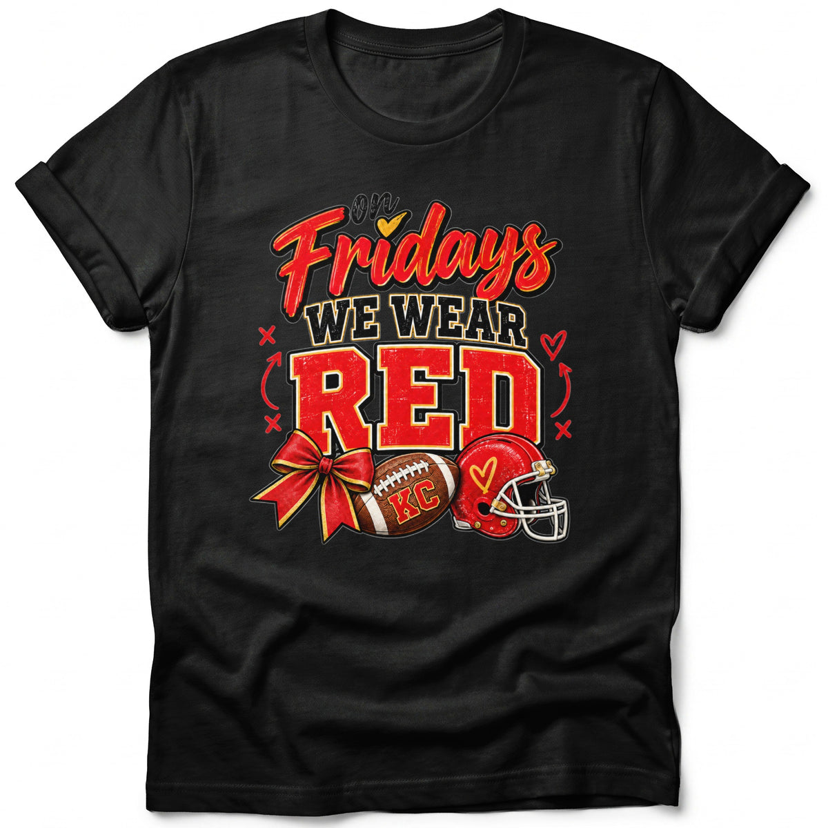 Black t-shirt with "On Fridays We Wear Red" and football graphics.