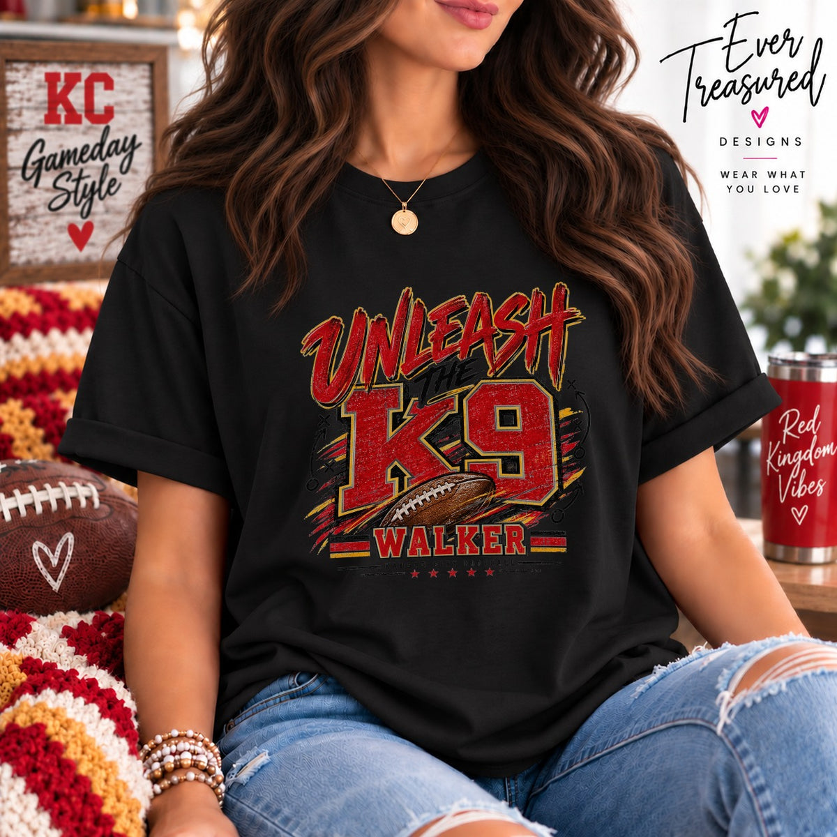 Black t-shirt with "Unleash the K9 Walker" text and football graphic.