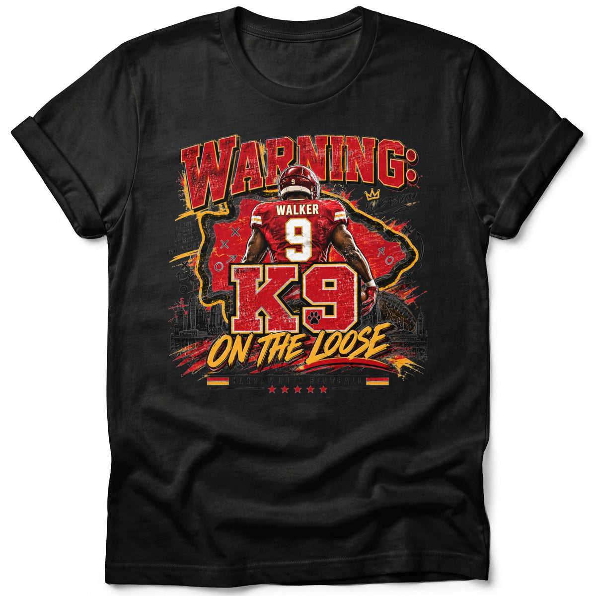 Black t-shirt with "WARNING: WALKER 9 K9 ON THE LOOSE" graphic.