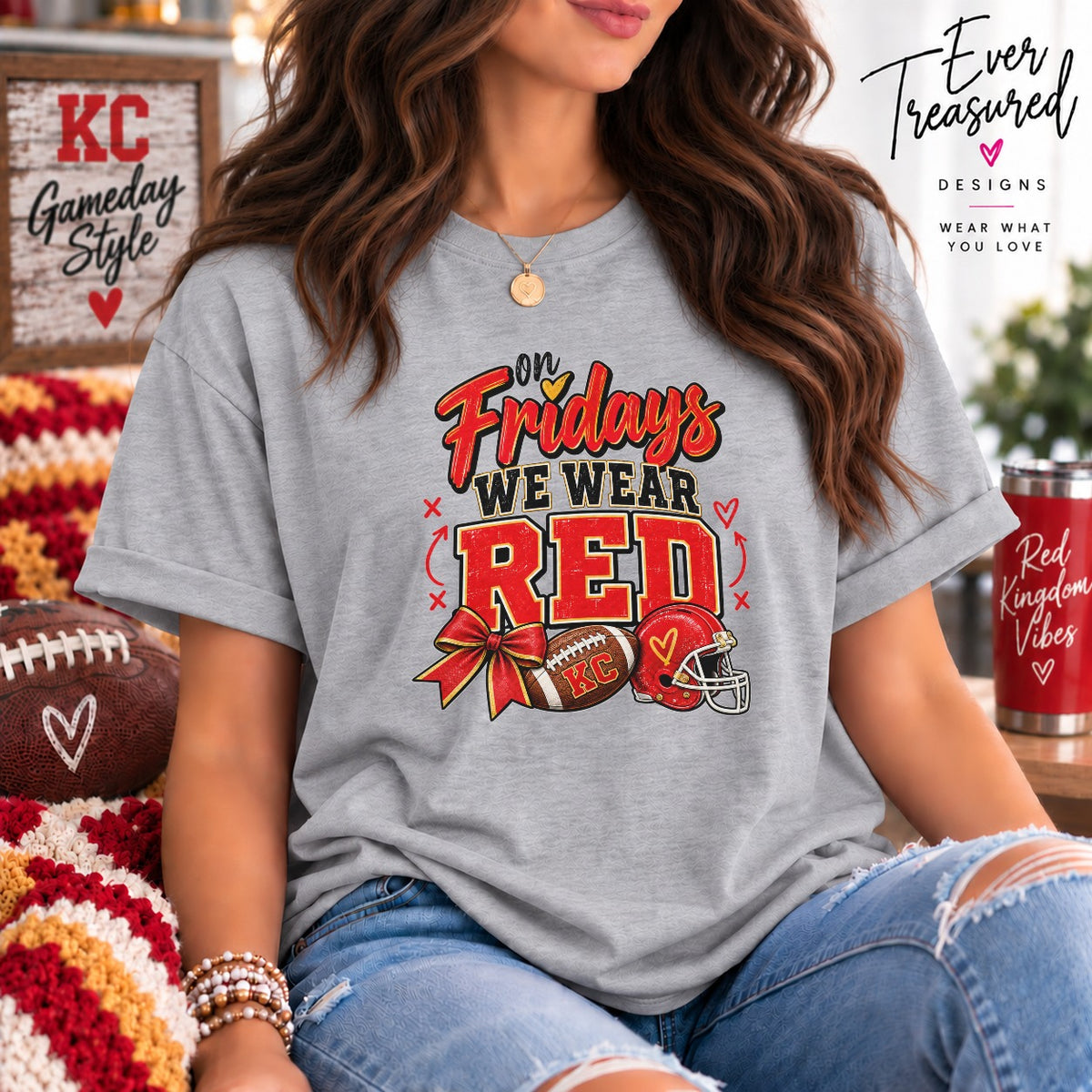 Grey t-shirt with "On Fridays We Wear Red" and football graphic.