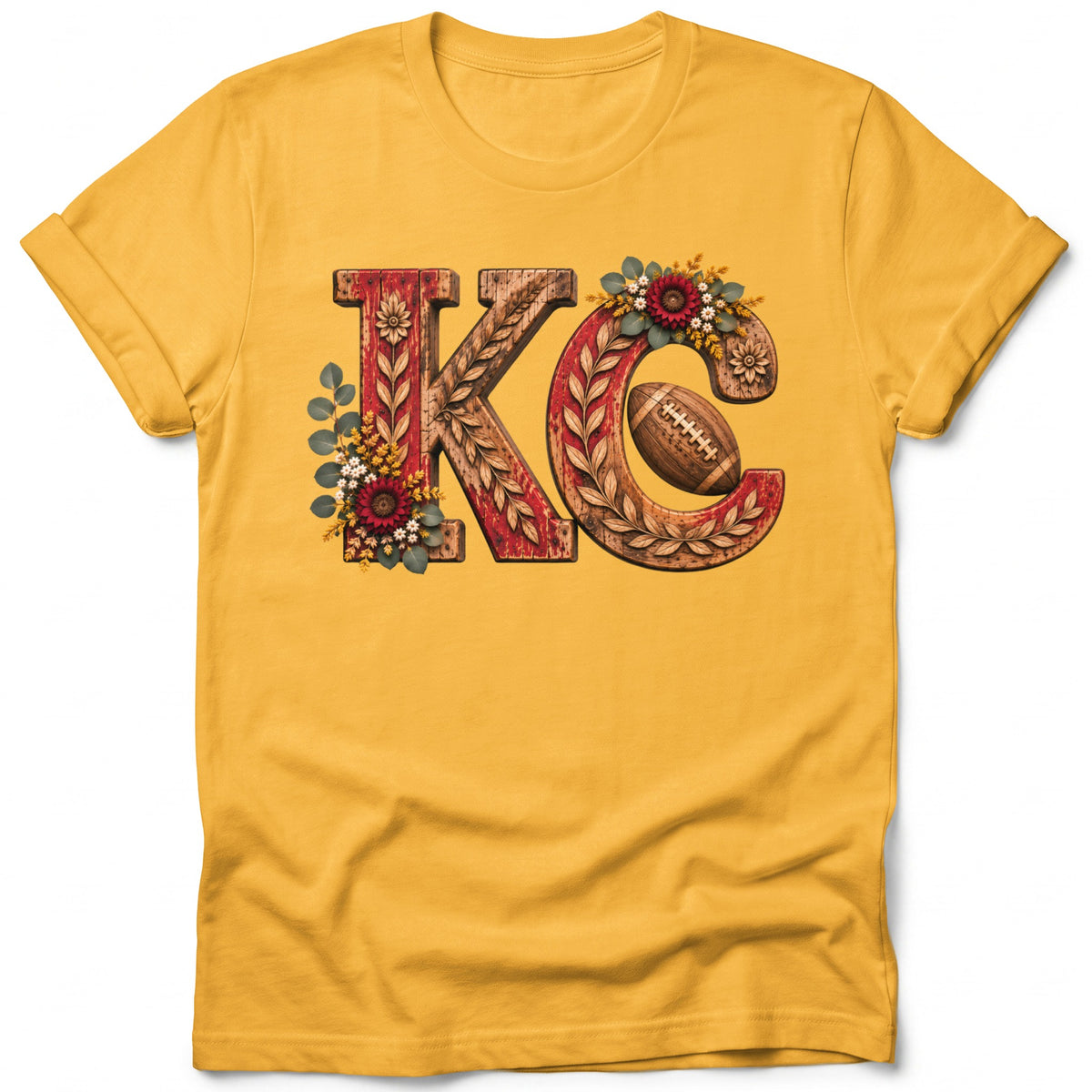 Yellow t-shirt with "KC" lettering and football design with floral accents.