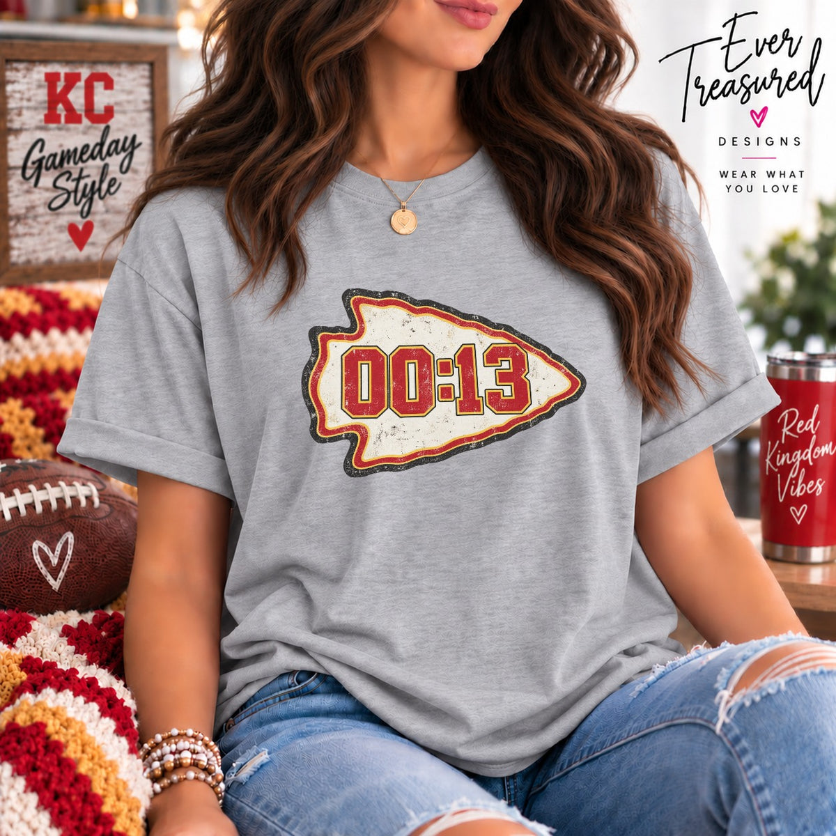 Gray t-shirt with arrowhead graphic displaying "00:13" and KC Gameday Style.