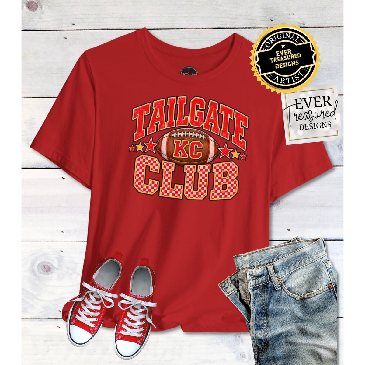 Red shirt with "Tailgate KC Club" text and a football graphic.
