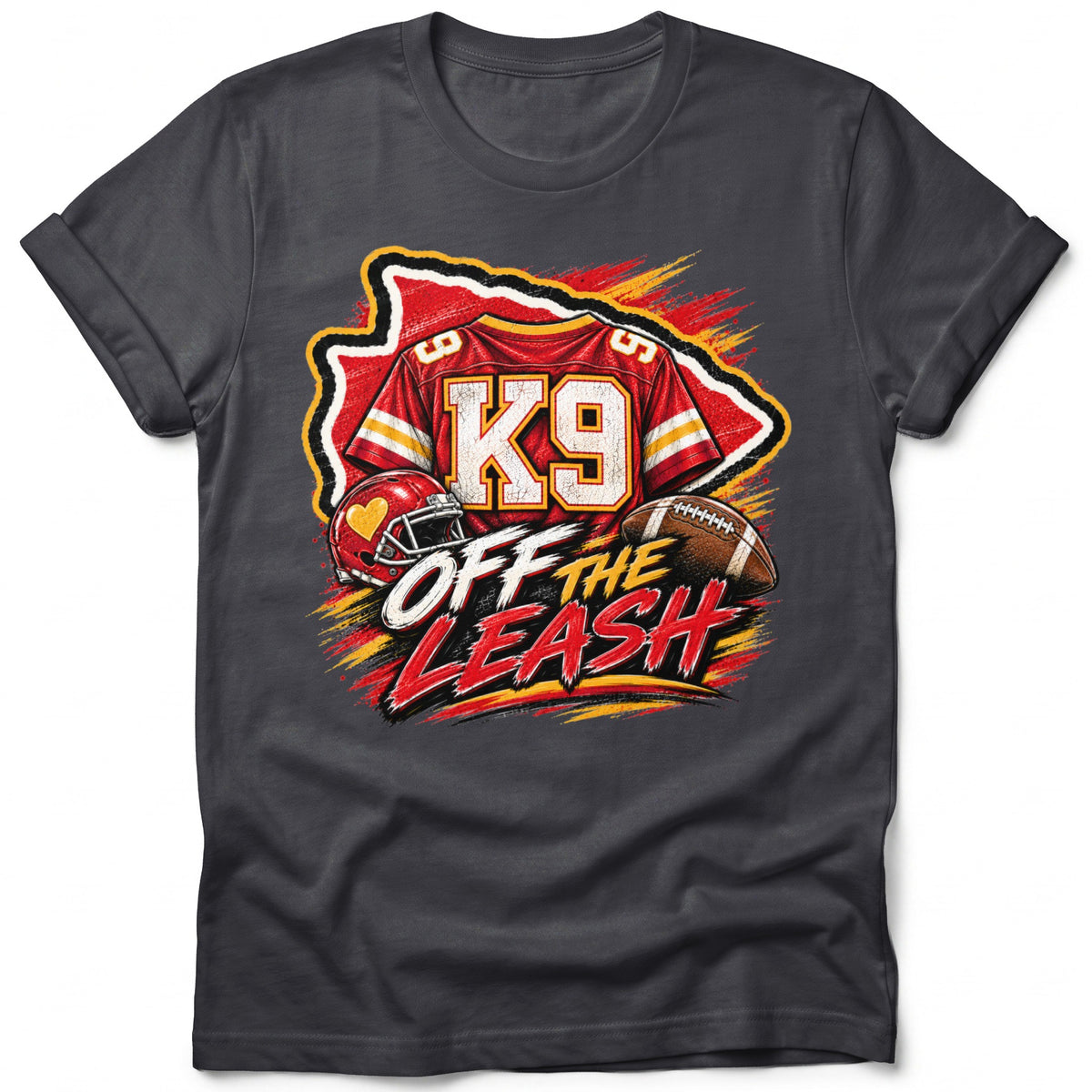 K9 football jersey, helmet, and football with "Off the Leash" text.