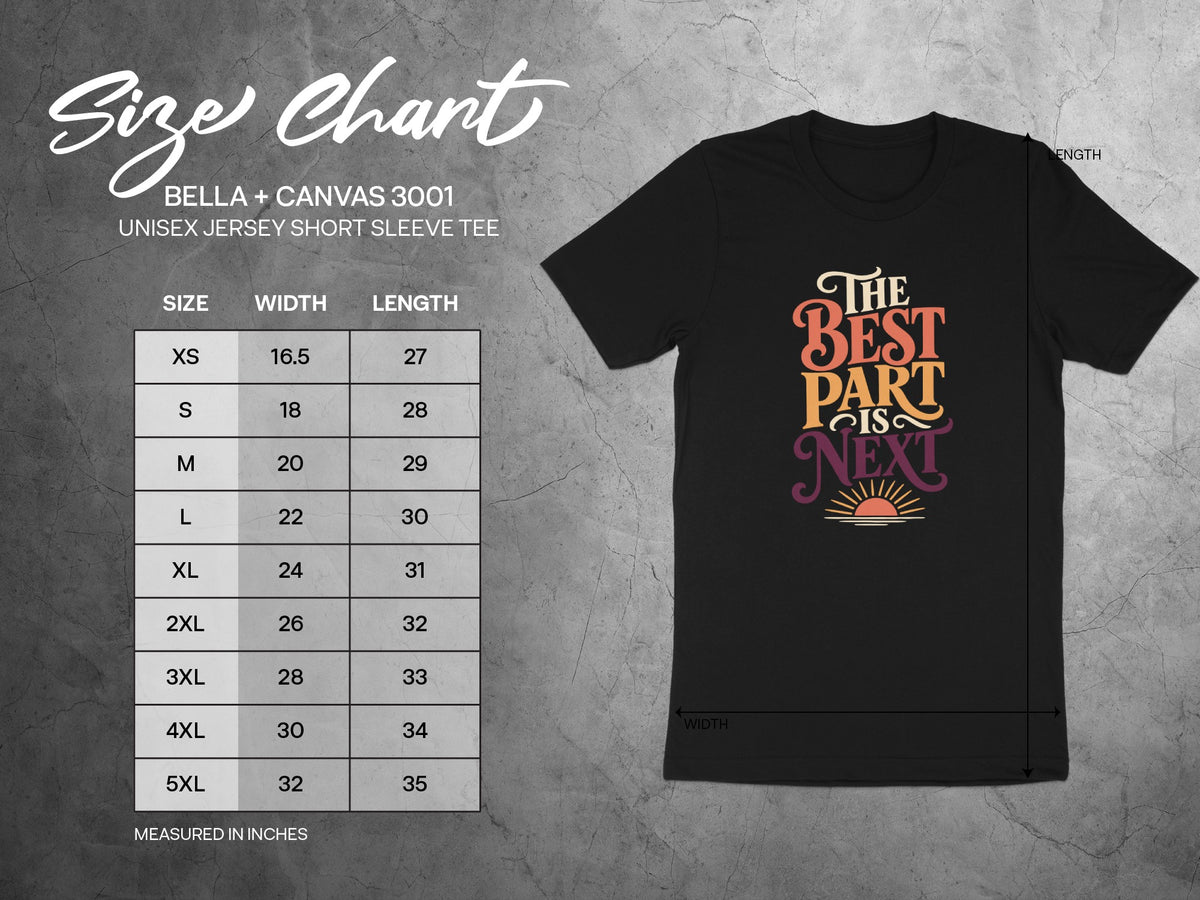 Bella + Canvas 3001 unisex jersey short sleeve tee size chart with measurements.
