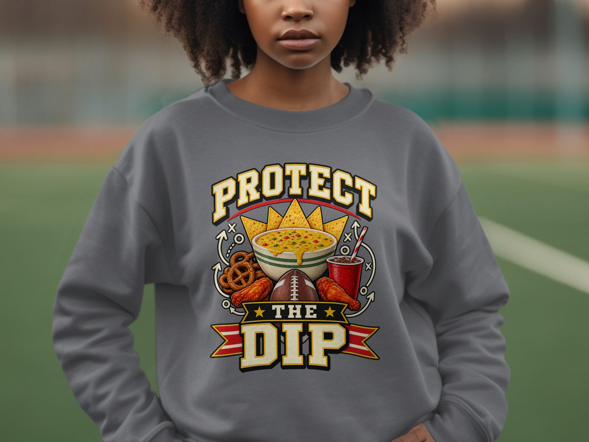 "Protect the Dip" graphic featuring football snacks and text on a gray sweatshirt.