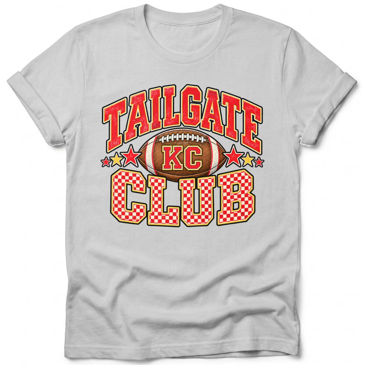 Grey t-shirt with "Tailgate Club KC" text and a football graphic.