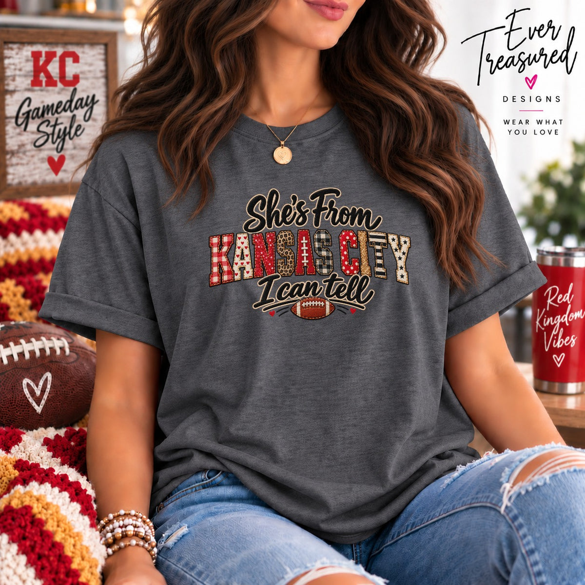 Gray t-shirt with "She's From Kansas City I Can Tell" text and football graphic.