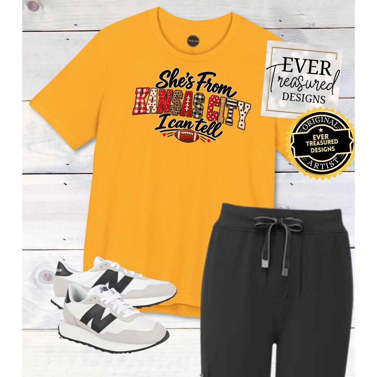 Yellow t-shirt with "She's From Kansas City I Can Tell" text and football graphic.