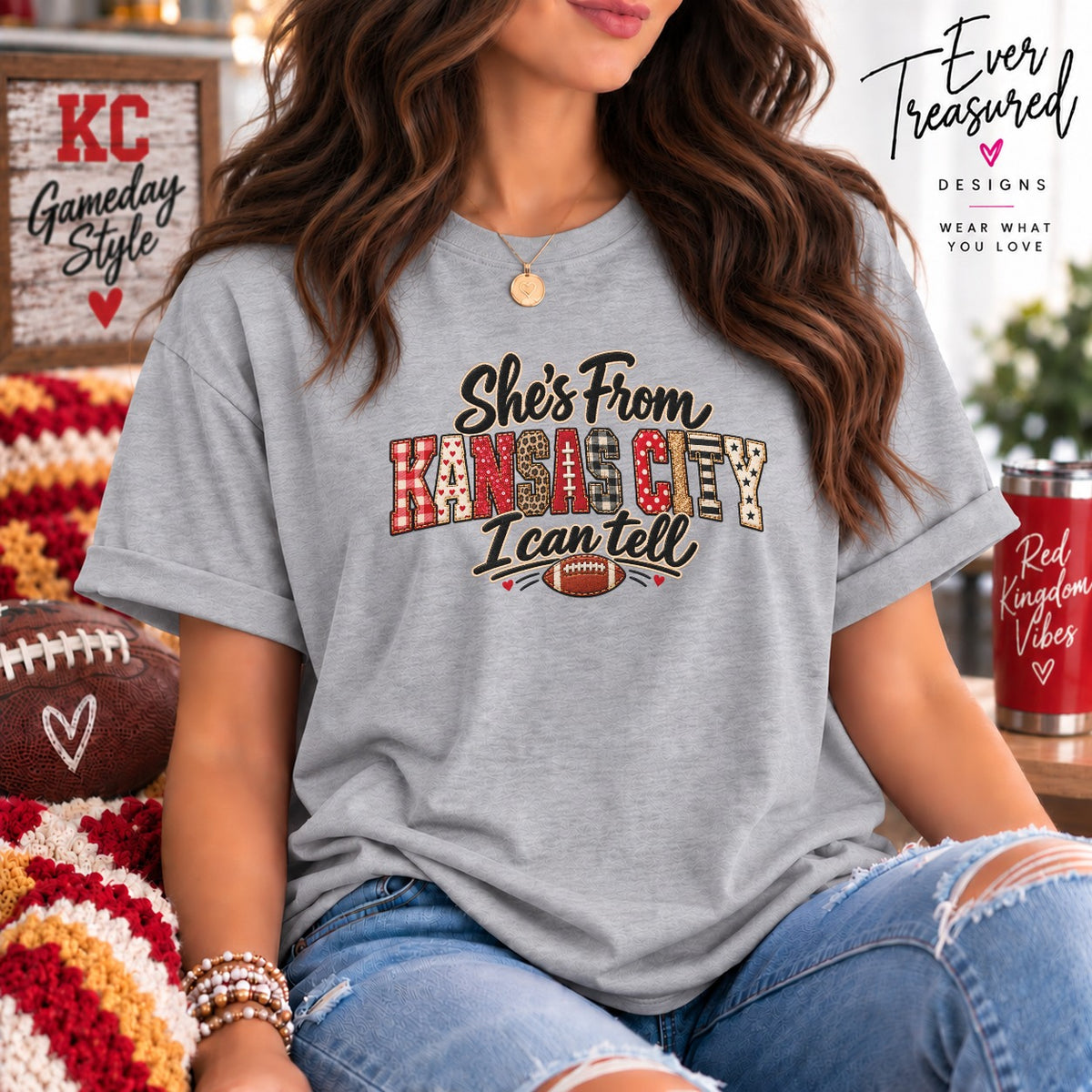 Grey t-shirt with "She's From Kansas City I Can Tell" text and football graphic.