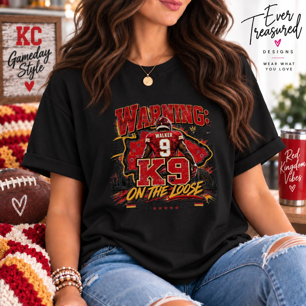 Black t-shirt with "Warning: Walker 9 K9 On The Loose" graphic featuring a football player.