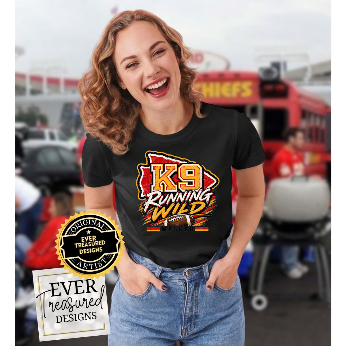 Black t-shirt with "K9 RUNNING WILD WALKER" text and football graphic.