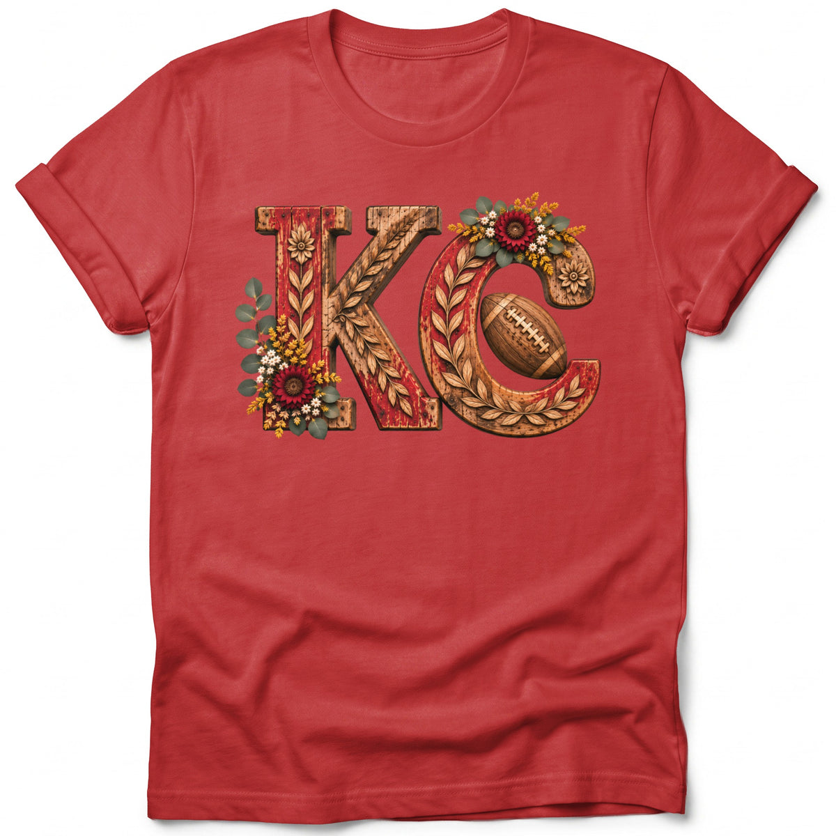 Red t-shirt with wooden letters "KC" and a football with floral accents.