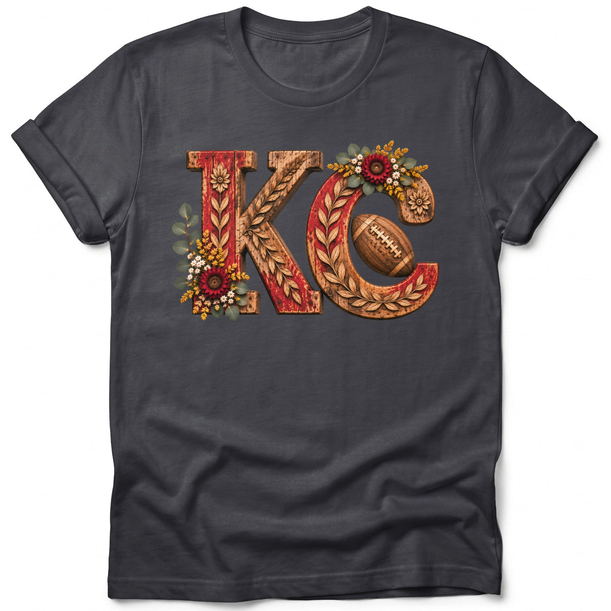 Dark grey t-shirt with "KC" and a football design with floral accents.