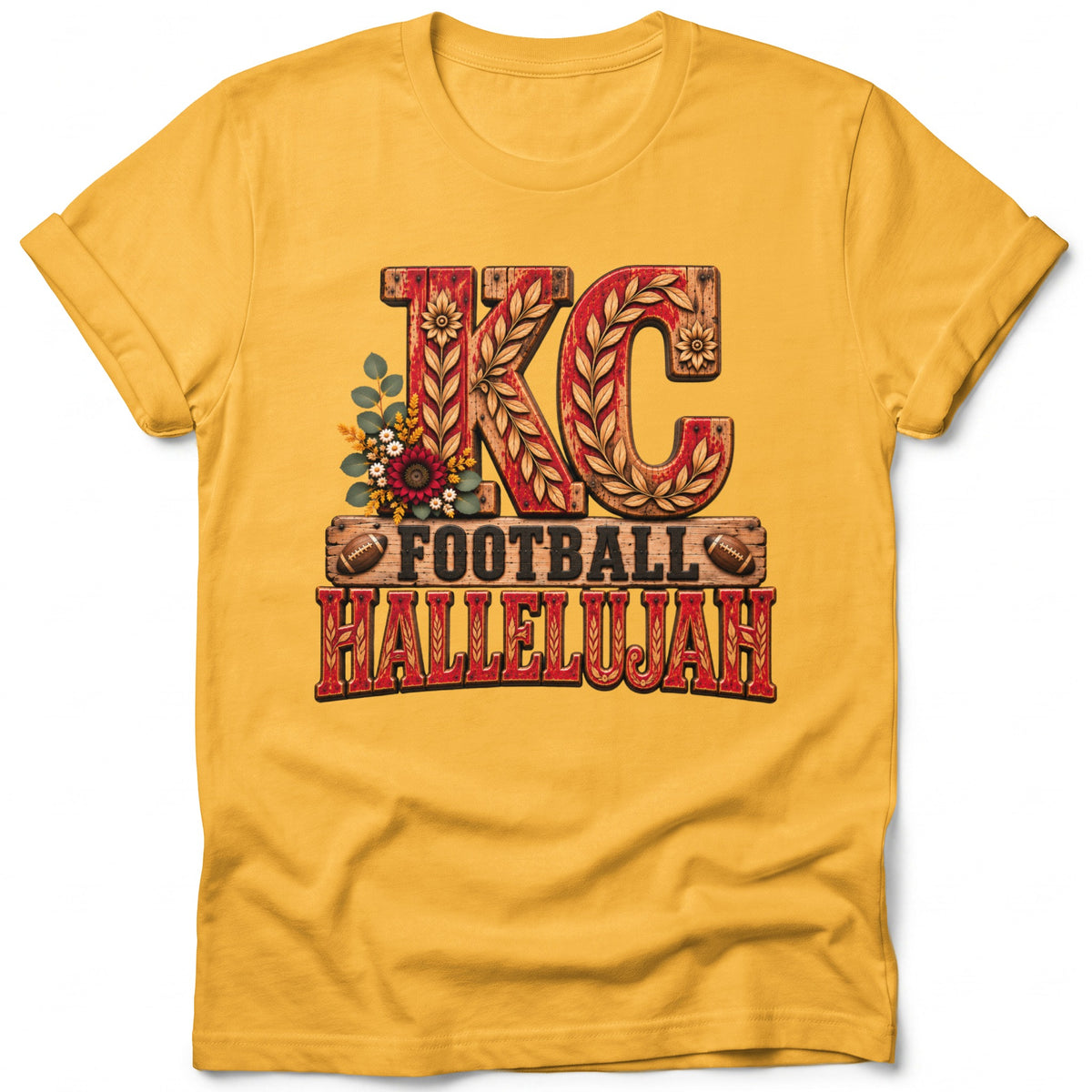 Yellow t-shirt with "KC Football Hallelujah" graphic featuring footballs and flowers.