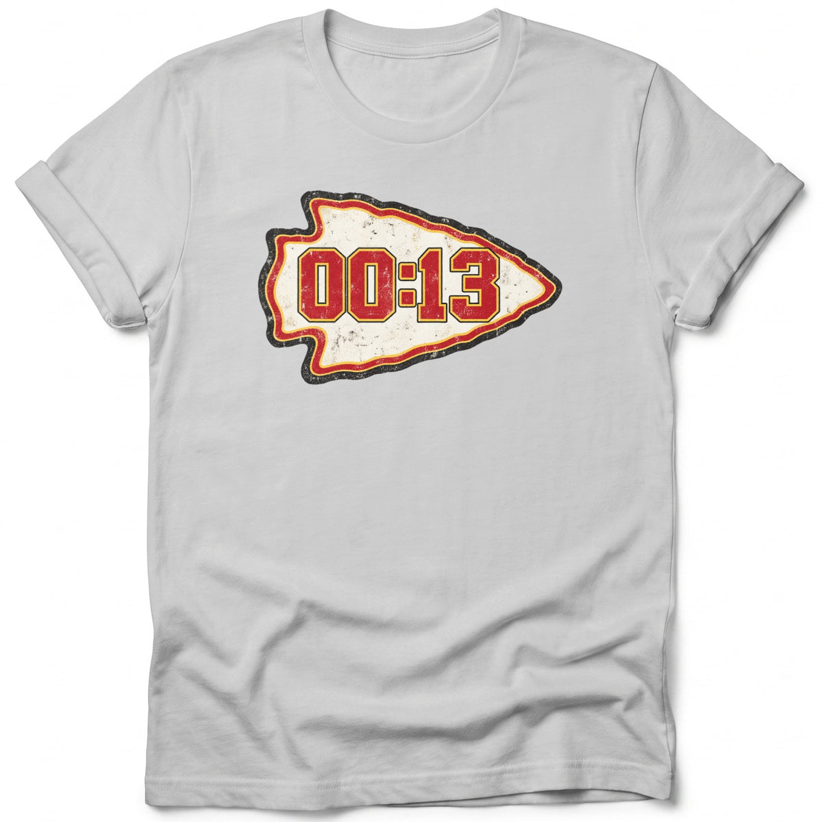 Grey t-shirt with a faded arrow design and "00:13" text.