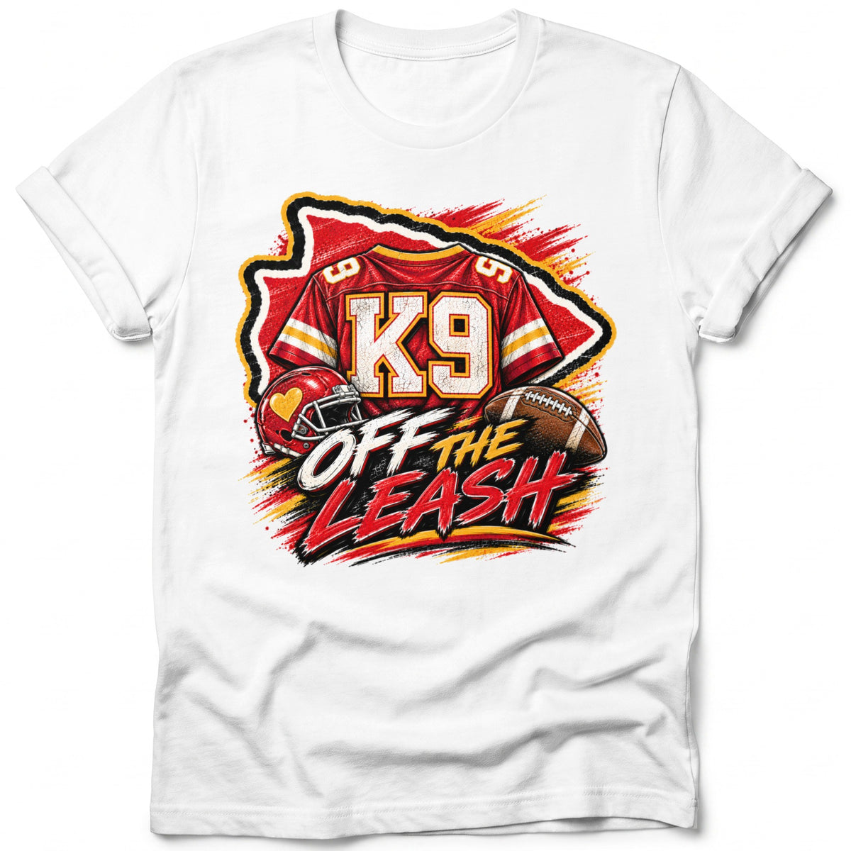 White t-shirt with K9 jersey, football, and helmet graphic reading "OFF THE LEASH".