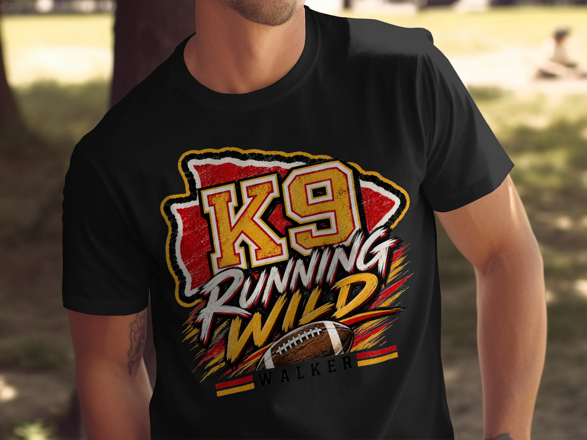 Black t-shirt with graphic "K9 RUNNING WILD" and a football, with the name "WALKER".
