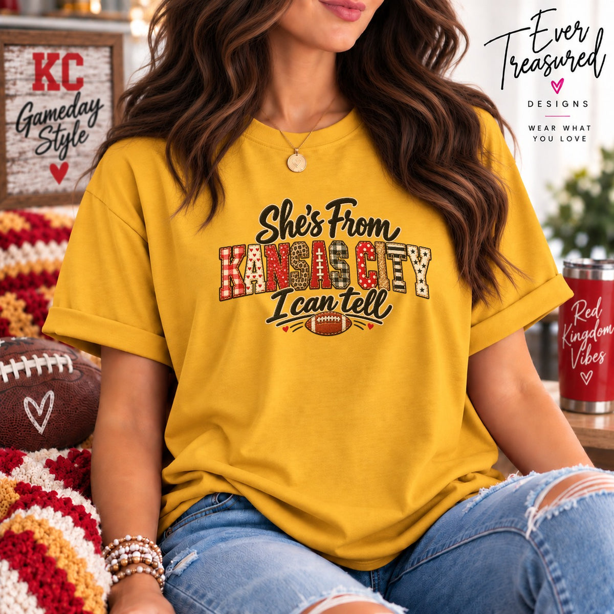 Yellow t-shirt with "She's From Kansas City I can tell" text and football graphic.