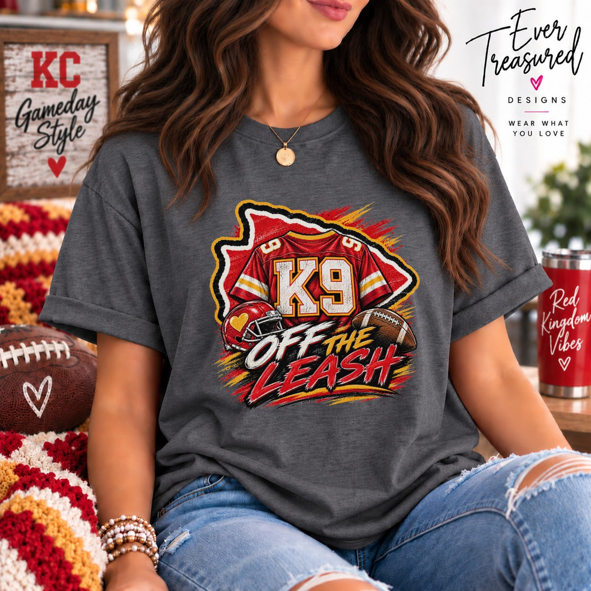 Kansas City Chiefs themed shirt with "K9 Off The Leash" graphic and football gear.