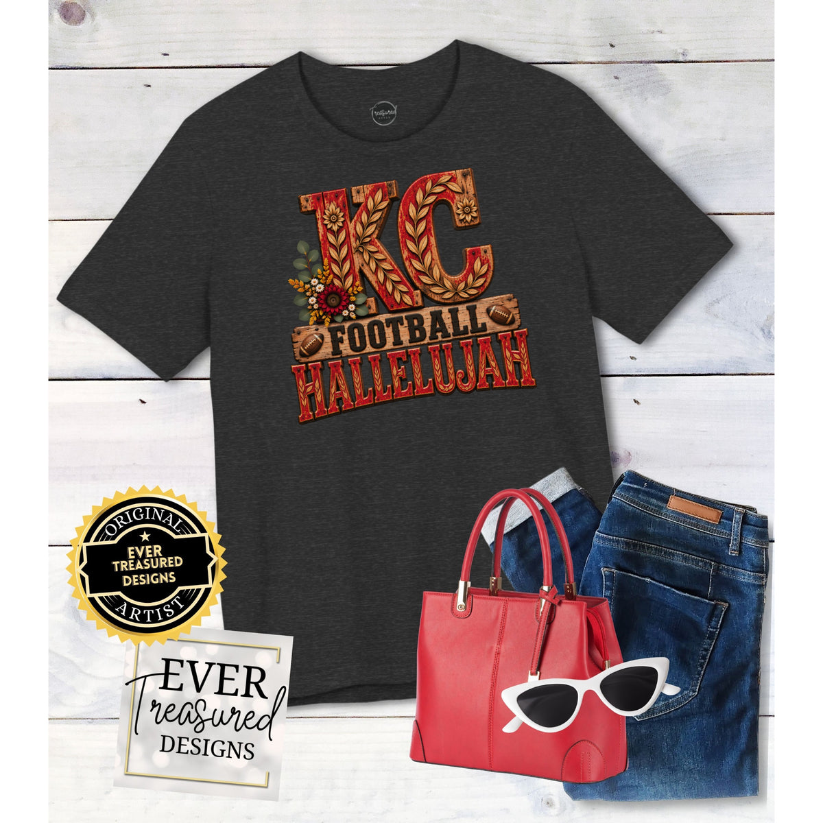 Dark t-shirt with "KC FOOTBALL HALLELUJAH" text, red bag, and jeans.