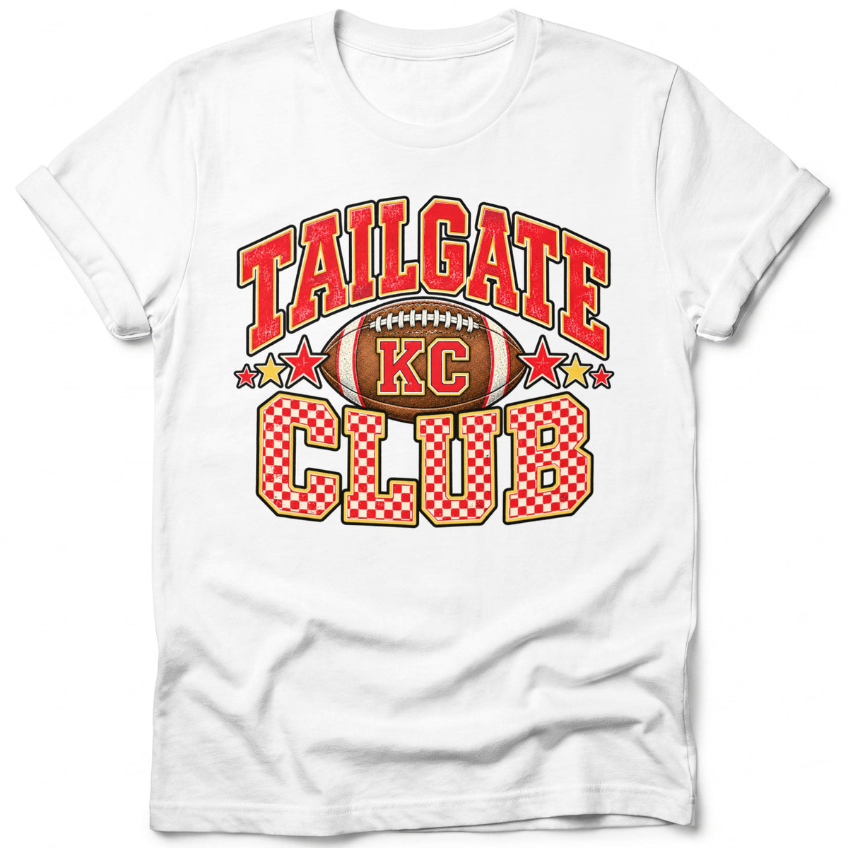 White t-shirt with "Tailgate KC Club" text and a football graphic.