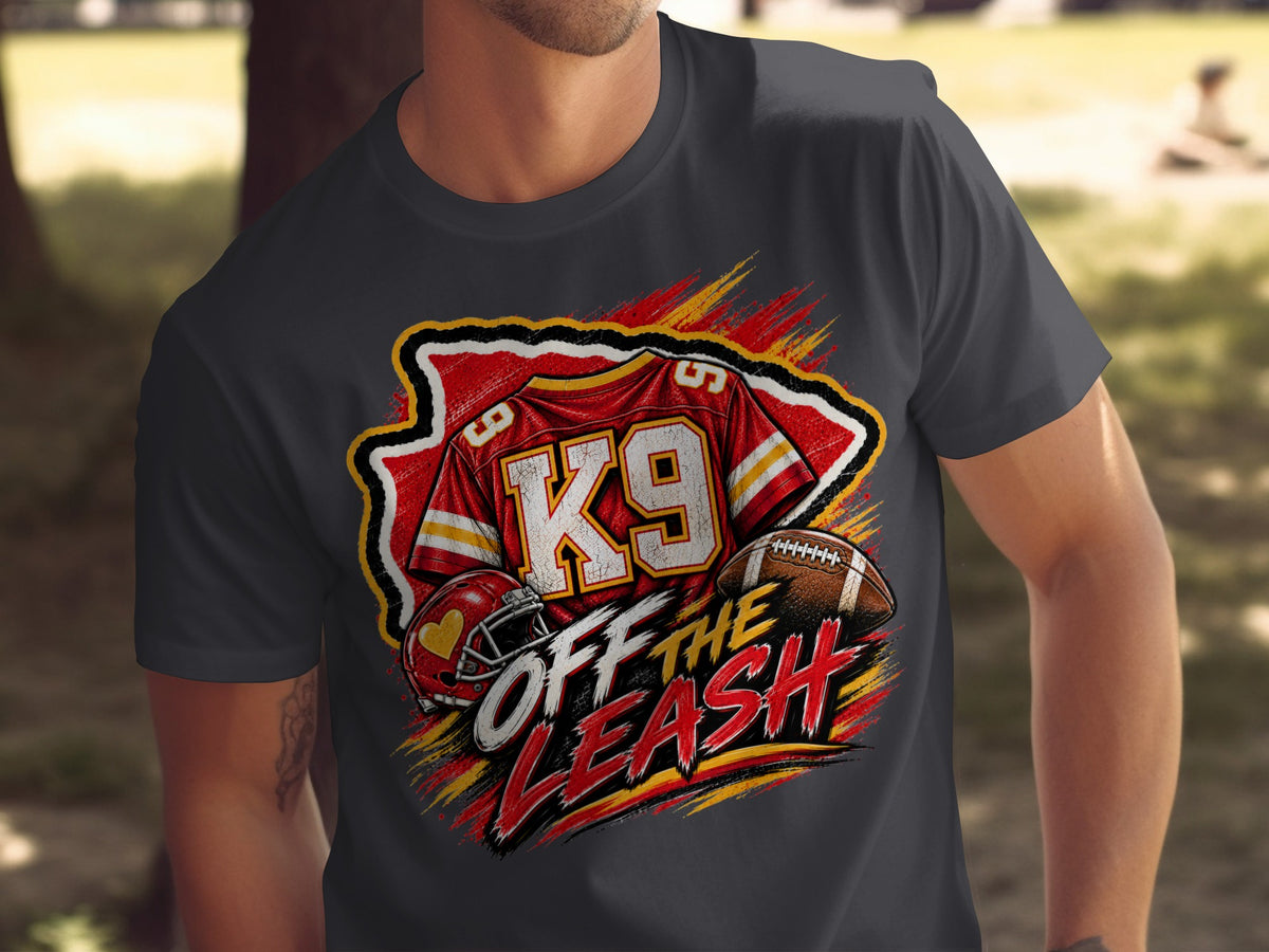 K9 football jersey graphic with helmet and ball, reads "Off The Leash".